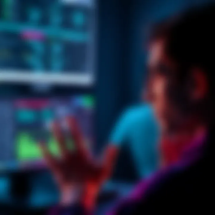 Person frustrated with loading screen A person looking at a computer screen displaying a loading icon, showing frustration with technical glitches.