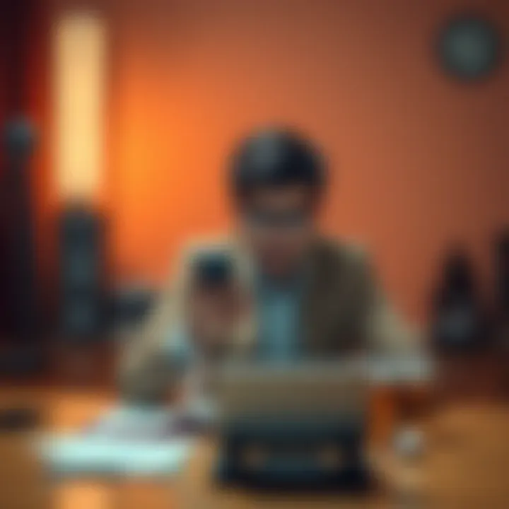 A person sitting at a desk looking annoyed while turning off notifications on their smartphone, symbolizing their desire to stop promotional messages.