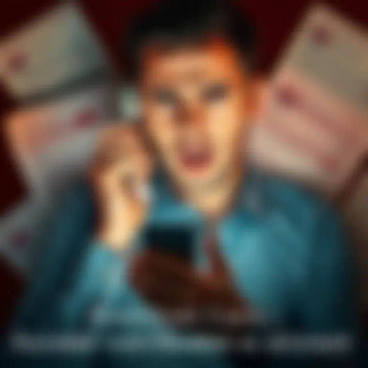 Frustrated person on the phone A person holds their phone with a confused expression, surrounded by papers showing account verification documents, indicating issues with account verification.