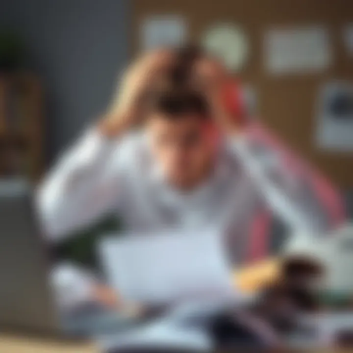 A person with a stressed expression, hands on their head, surrounded by messy papers and a laptop, expressing frustration