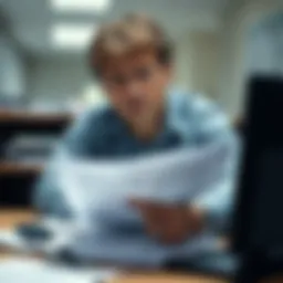A person looking stressed while reviewing documents related to a delayed withdrawal request at a desk.