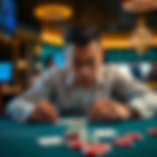 A player looking disappointed at a blackjack table with cards in front and chips scattered around