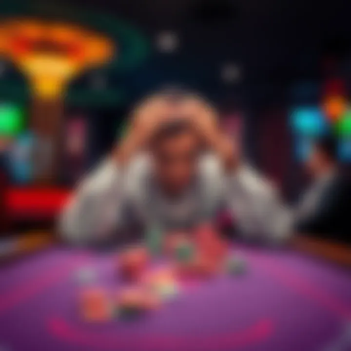 Frustrated player at a gaming table A player looks upset while seated at a casino gaming table, hands on head, with chips scattered around and a screen showing a wagering requirement