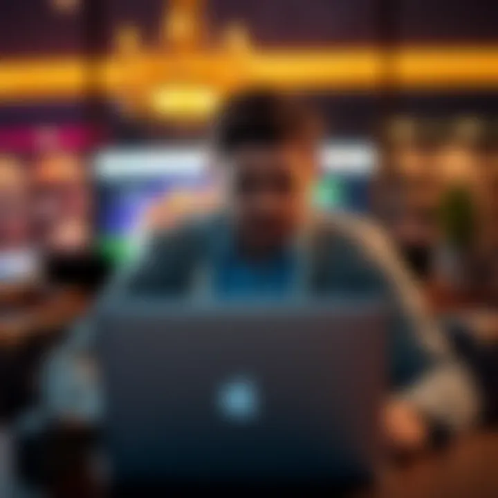 A frustrated player sitting in front of a laptop showing an online casino website, looking upset about withheld funds