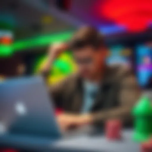 A person looking frustrated while using a laptop for online gambling, with a casino theme background.