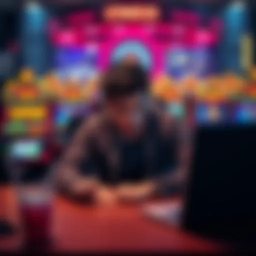 A person sitting at a desk looking stressed while playing an online casino game, surrounded by losing game screens and empty drink cups, illustrating their disappointment with the gambling platform.