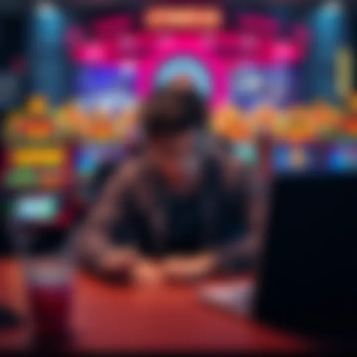 A person sitting at a desk looking stressed while playing an online casino game, surrounded by losing game screens and empty drink cups, illustrating their disappointment with the gambling platform.