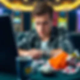 A person looking disappointed while playing at an online casino on a laptop, surrounded by empty snack wrappers and a drink, reflecting a sense of loss and frustration.
