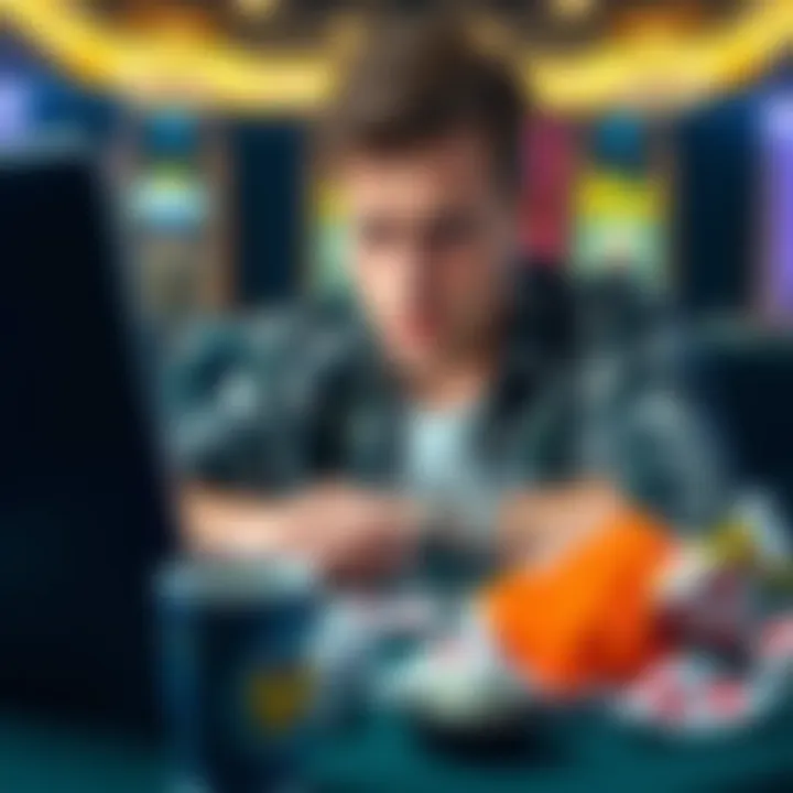 A person looking disappointed while playing at an online casino on a laptop, surrounded by empty snack wrappers and a drink, reflecting a sense of loss and frustration.