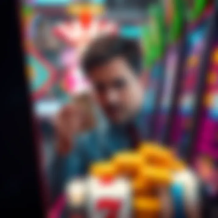 A player looks disappointed while playing a slot machine, holding a $170 bill, surrounded by flashing lights and minimal bonuses