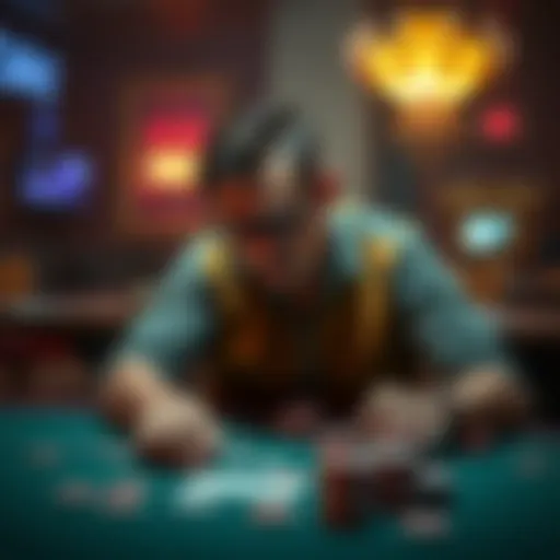 A tired poker player sits at a table with cards and chips, showing signs of frustration after a long losing streak.