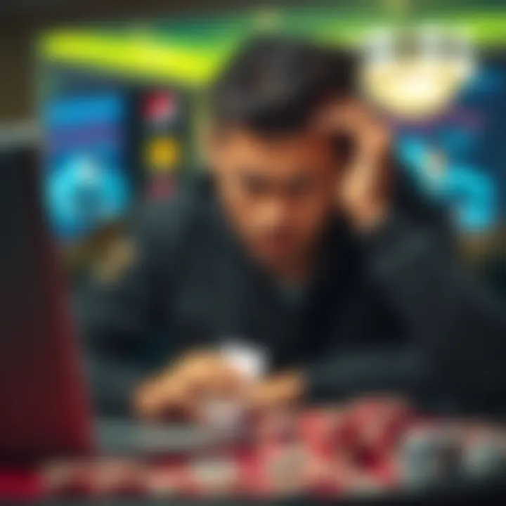 A poker player looking disappointed while playing online, surrounded by cards and a laptop, showing signs of stress and frustration.