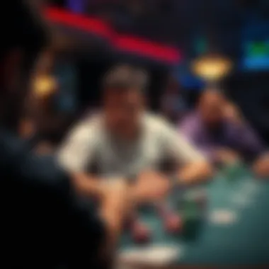 Frustrated poker player A poker player looking frustrated at the table with empty hands, surrounded by chips and cards, while another player next to them wins a pot.