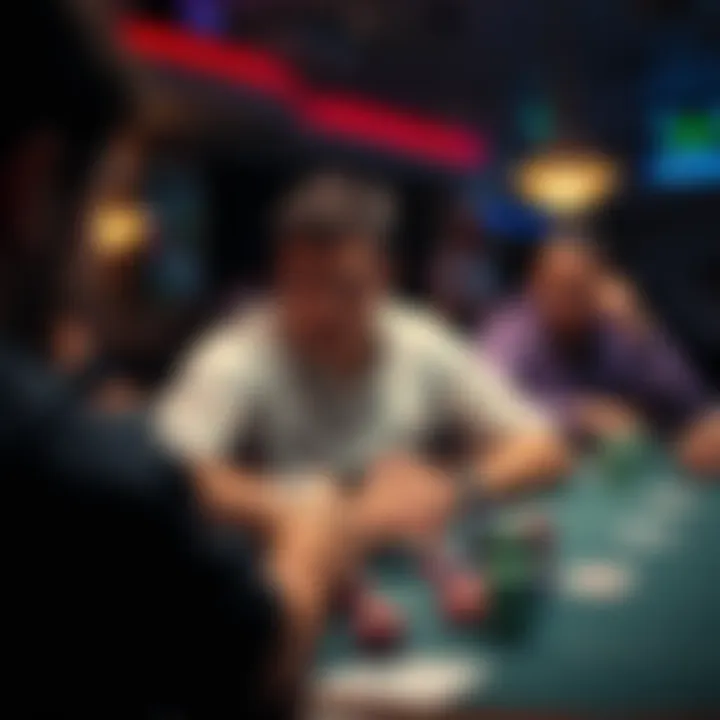 Frustrated poker player A poker player looking frustrated at the table with empty hands, surrounded by chips and cards, while another player next to them wins a pot.