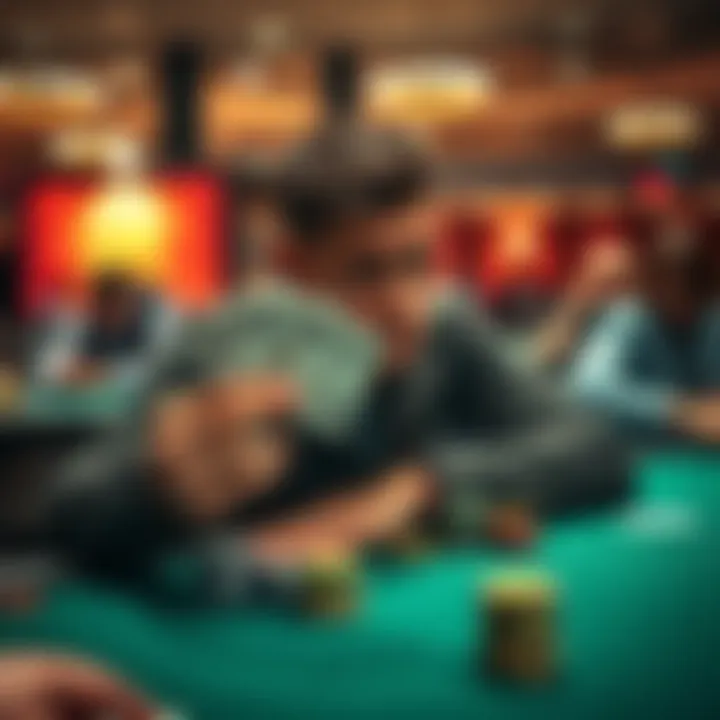 A player looks disappointed while holding a pair of cards at a poker table during a tournament, surrounded by chips and focused competitors.