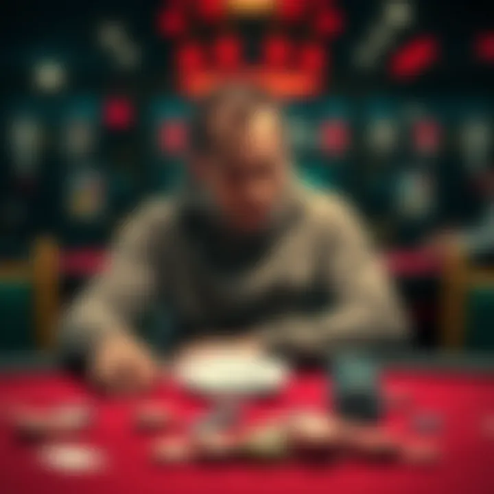 Frustrated Poker Player A new poker player looking worried and frustrated, seated at a poker table with cards and chips spread out in front of them, reflecting on their recent losses.