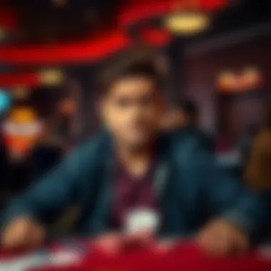 A poker player looking frustrated in a gaming room, with poker chips and cards visible, expressing disbelief after a rough session, and a quirky bathroom sign in the background