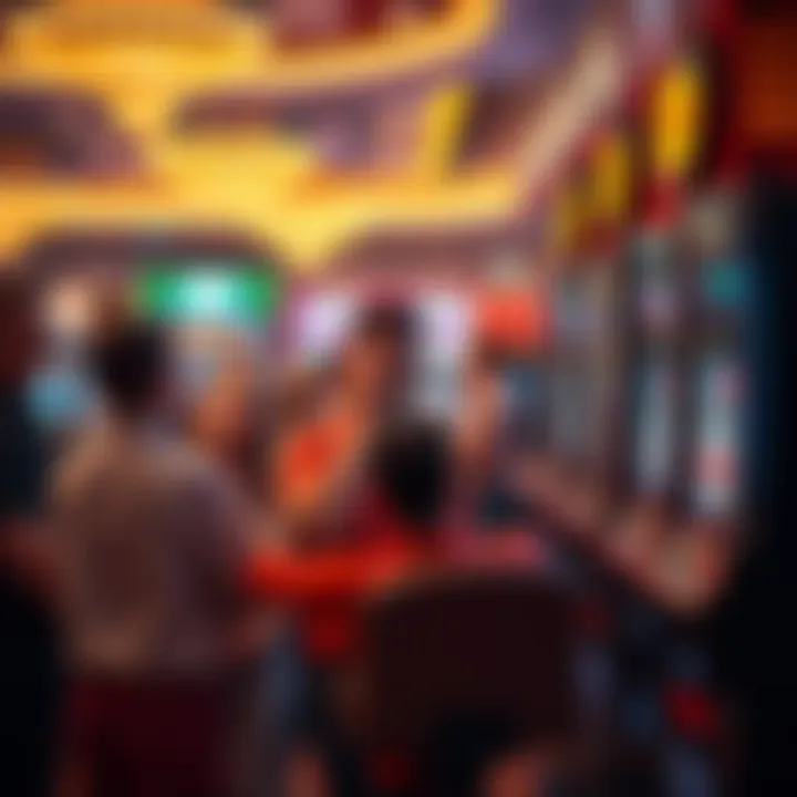 A group of disappointed players standing in front of slot machines with low payouts, showing expressions of frustration