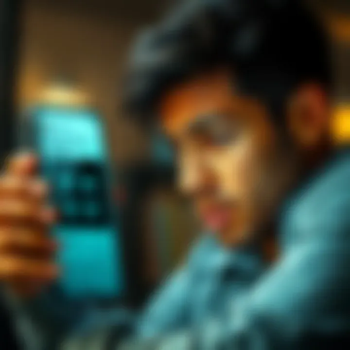 A person with a concerned expression gazes at a smartphone screen showing an outdated app version with missing features.