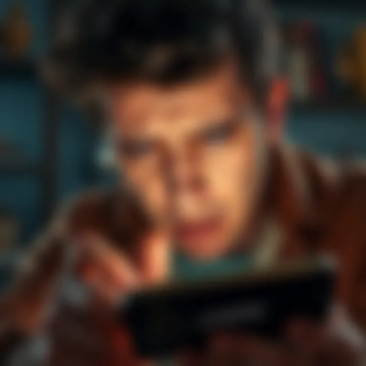 A person showing frustration while looking at a smartphone with a loading screen; expressions of concern and impatience are visible on their face