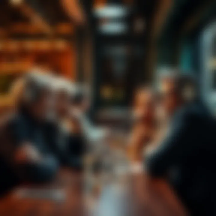 A group of people expressing frustration towards headphones and podcasts while talking in a cafe