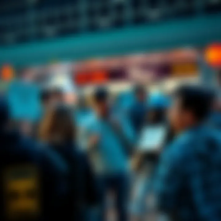 A group of people discussing their frustrations over unreturned funds at a public space, with signs demanding refunds