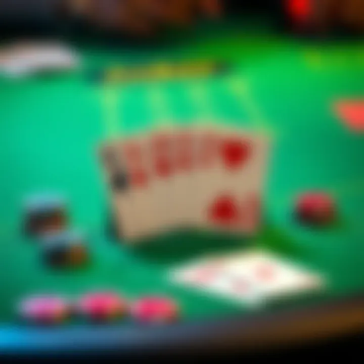 A poker table displaying a full house hand, showing three of a kind and a pair of cards in different suits.