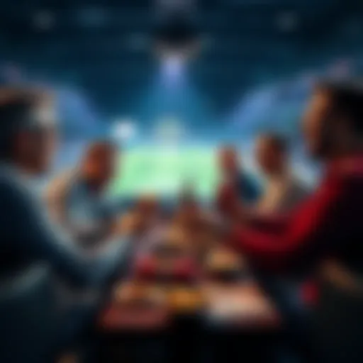 A group of friends joyfully watching a sports game while placing friendly bets, surrounded by snacks and drinks.