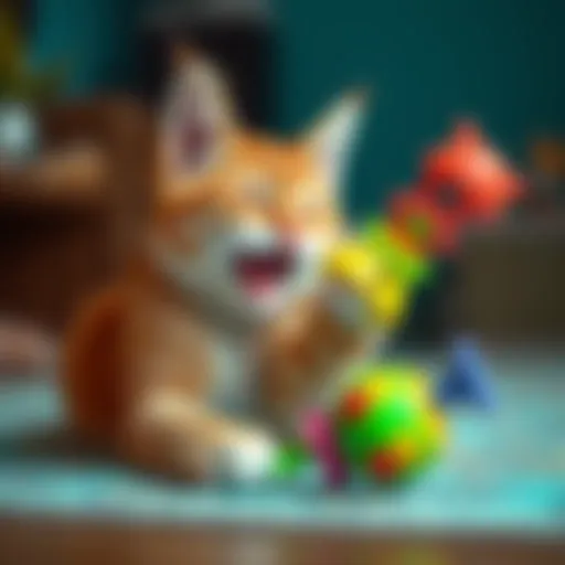 A playful cat batting at a colorful toy, showcasing a moment of joy and humor.