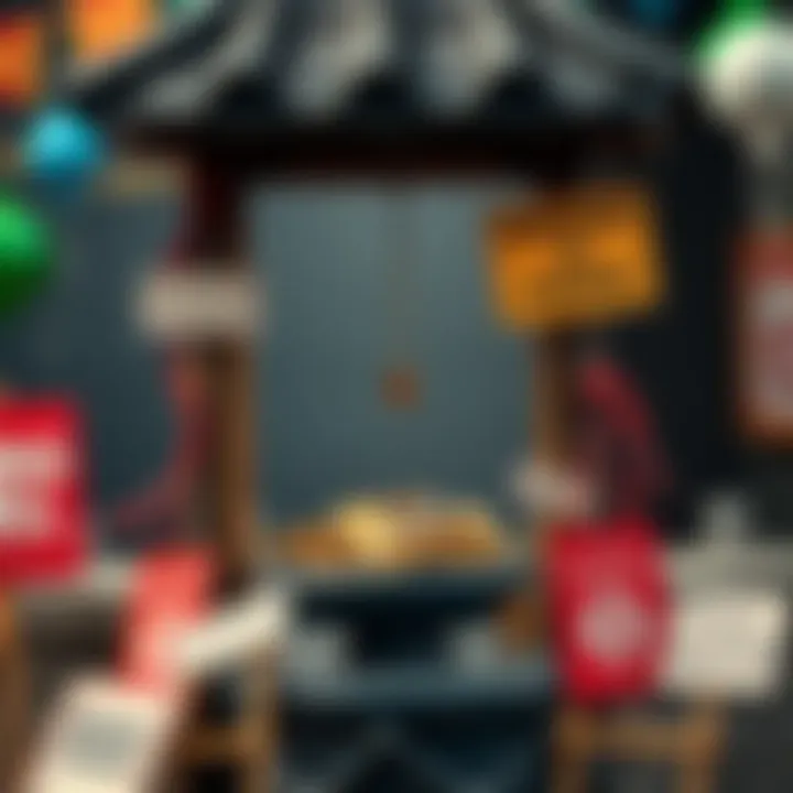 A wishing well filled with coins, surrounded by humorous signs with funny requests and cheerful decorations