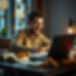 A writer laughing while typing on a laptop with humorous notes scattered around.