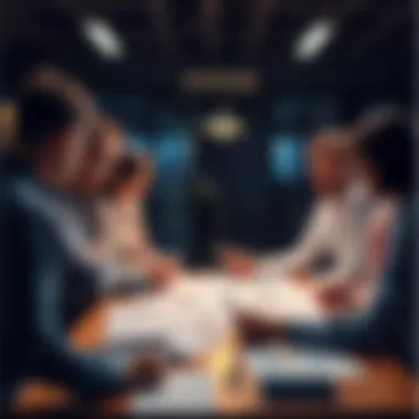 Group of people brainstorming ideas for future plans with notes and charts on a table.