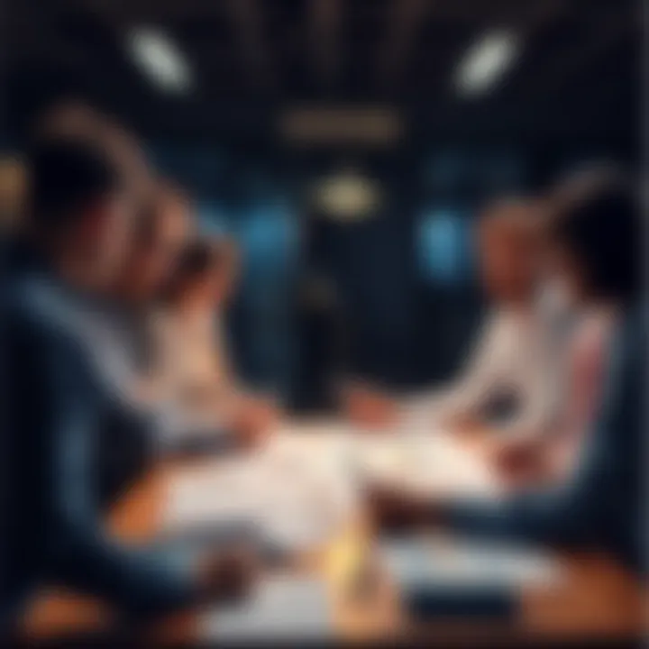 Group of people brainstorming ideas for future plans with notes and charts on a table.