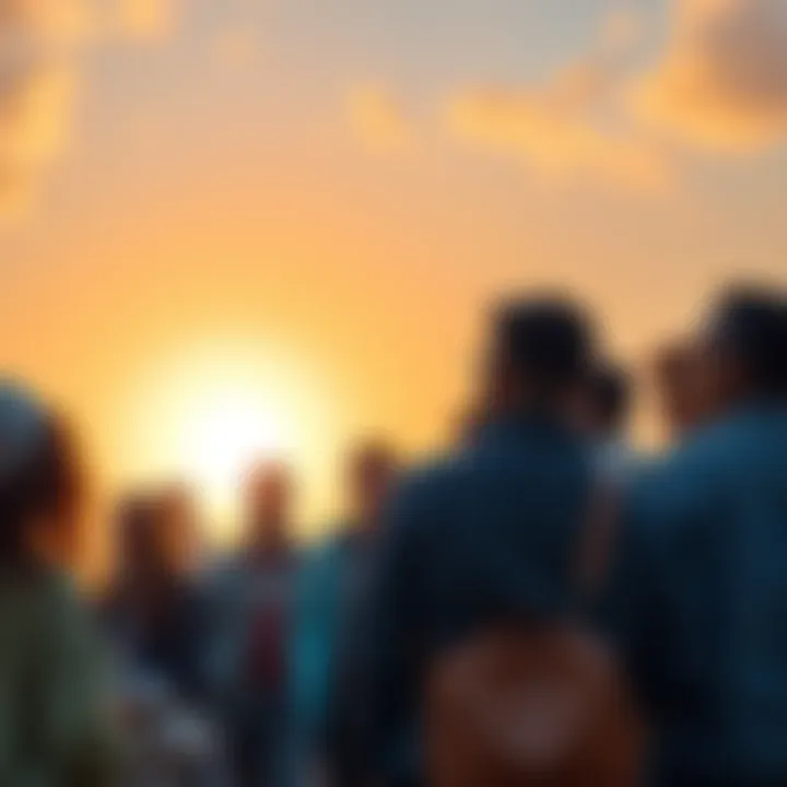 A group of diverse people standing together, looking towards a bright horizon symbolizing upcoming changes. They appear thoughtful and ready for new challenges.