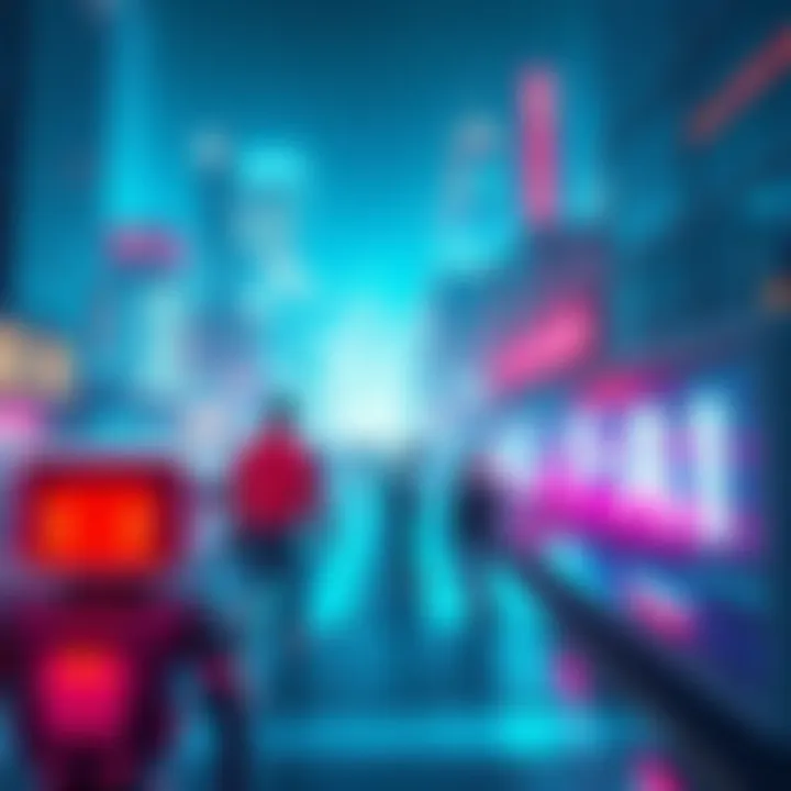 A futuristic cityscape featuring robots and advanced technology in use, showcasing the impact of AI in everyday life and industry.