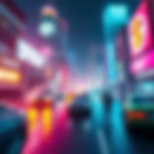 A vibrant scene depicting various futuristic events like flying cars, robots, and advanced technology in a city setting.