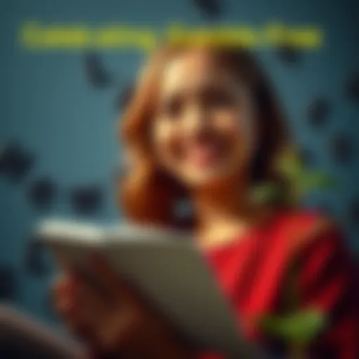 A person smiling with a journal, reflecting on their gamble-free journey, surrounded by supportive letters and a plant symbolizing growth.