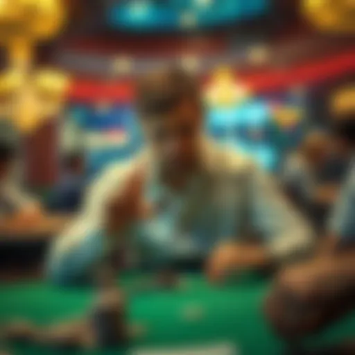 A gambler sitting at a table, looking conflicted while holding cash in one hand and a betting chip in the other, with a tense atmosphere around them