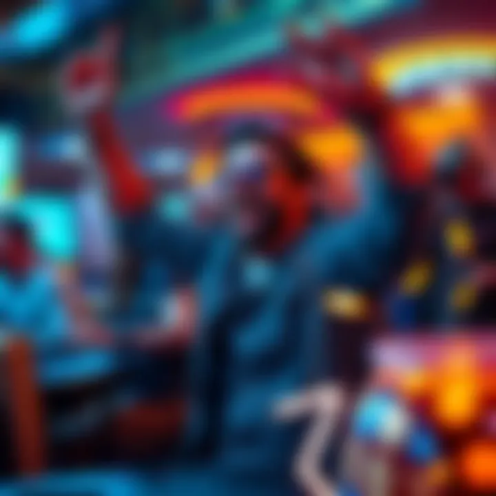 A happy gambler celebrating a $5900 win with friends during a live gaming session
