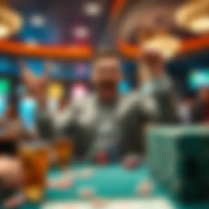A joyful gambler celebrating after winning a huge amount of money at a casino table, surrounded by chips and drinks.