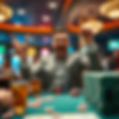 Gambler Celebrating Big Win A joyful gambler celebrating after winning a huge amount of money at a casino table, surrounded by chips and drinks.