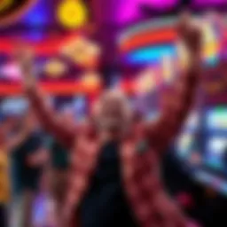 A happy gambler celebrating after winning a large jackpot at a slot machine in Ballys Chicago, surrounded by colorful lights and a cheering crowd