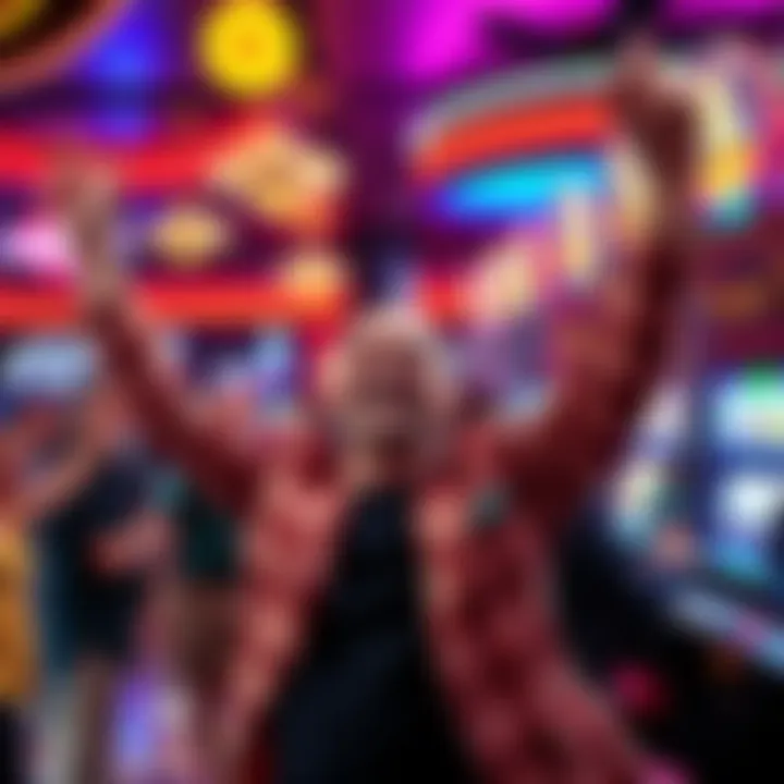 A happy gambler celebrating after winning a large jackpot at a slot machine in Ballys Chicago, surrounded by colorful lights and a cheering crowd
