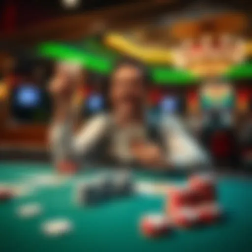A happy gambler holding cash at a casino table, showing enthusiasm after a win, with poker chips and cards in front of him.
