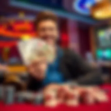 Gambler Celebrating a Win A happy gambler holding a stack of cash in one hand and a playing card in the other, surrounded by casino chips on a table