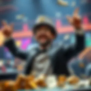 A happy gambler raises his arms in celebration after winning money, surrounded by betting slips and cash, symbolizing success in disciplined betting.