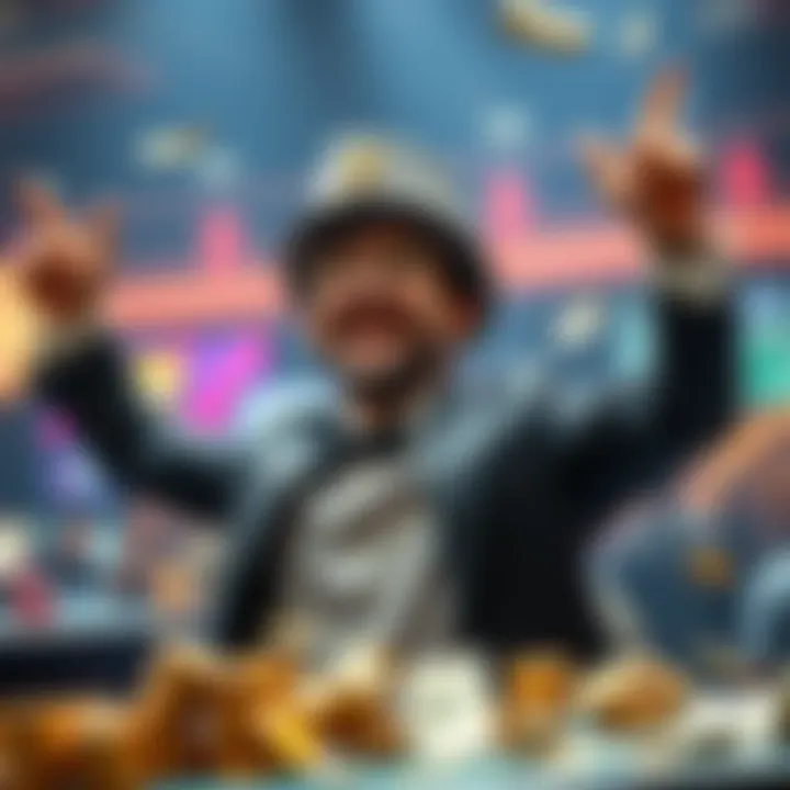 A happy gambler raises his arms in celebration after winning money, surrounded by betting slips and cash, symbolizing success in disciplined betting.