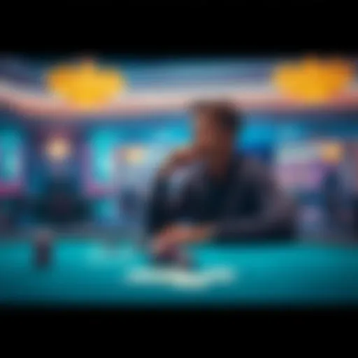 A gambler sitting at a table, pondering whether to let his winnings ride on another game, with cards and chips in front of him