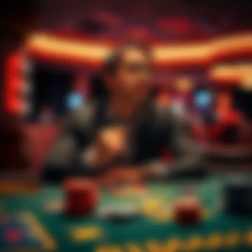 A person sitting at a gambling table, looking at chips with a thoughtful expression, weighing the decision to cash out early or wait for more potential winnings.