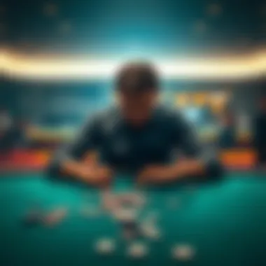 A man sitting alone at a gambling table, looking defeated and worried, with empty chips scattered around him.